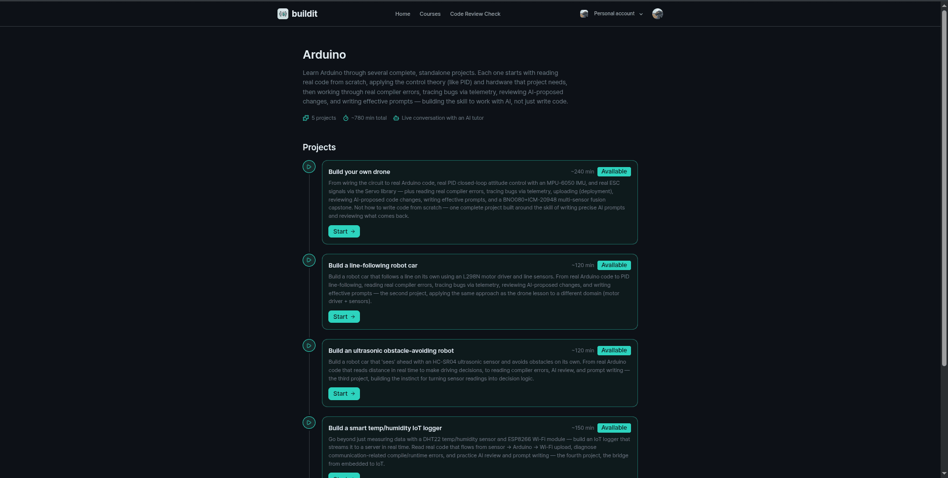 The Arduino course page, made of real, complete projects like building your own drone