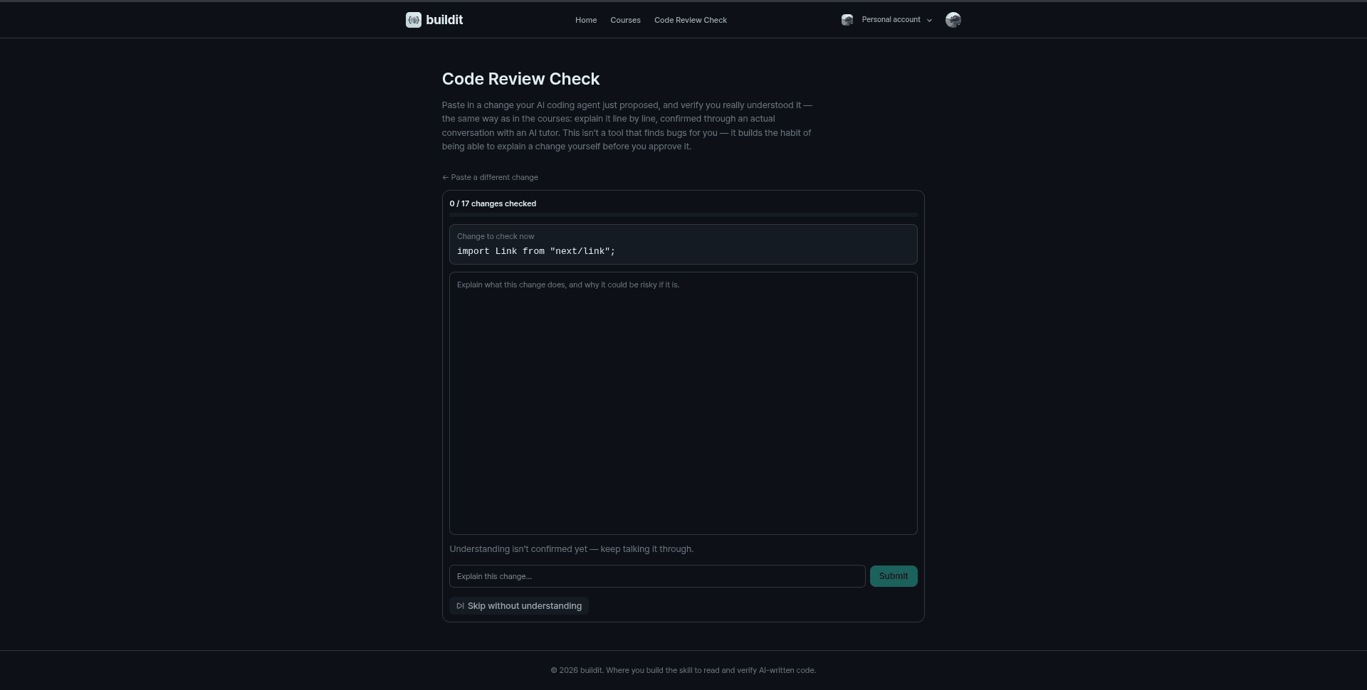 buildit's AI tutor verifying a code change line by line